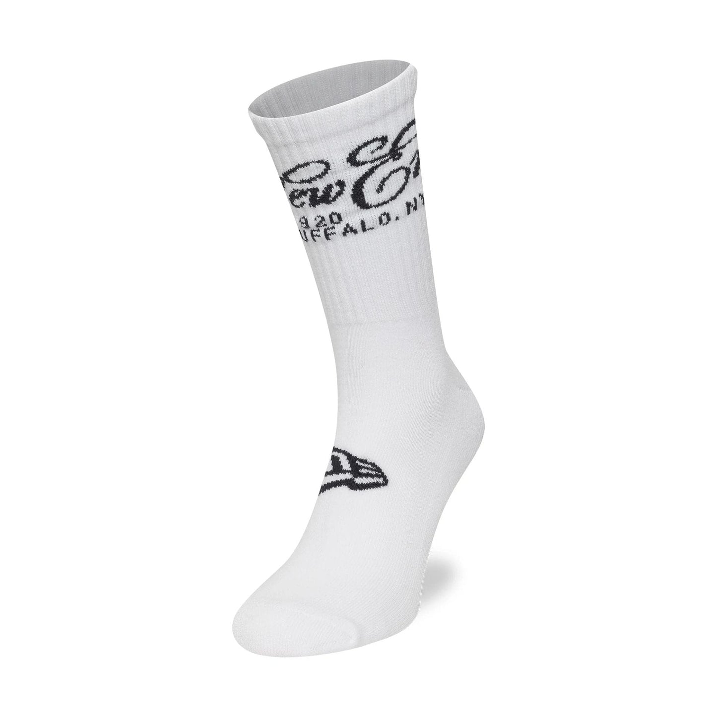 This is a New Era Script White Crew Socks 1