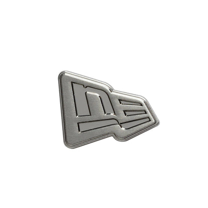 New Era Flag SIlver Pin Badge, front view showing the sleek silver finish with a raised New Era logo in the shape of a flag, defined edges and a reflective surface.
