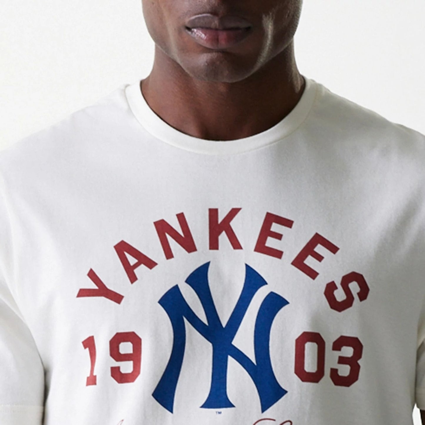 The Male model is wearing New York Yankees MLB Wordmark Open White T-Shirt 5