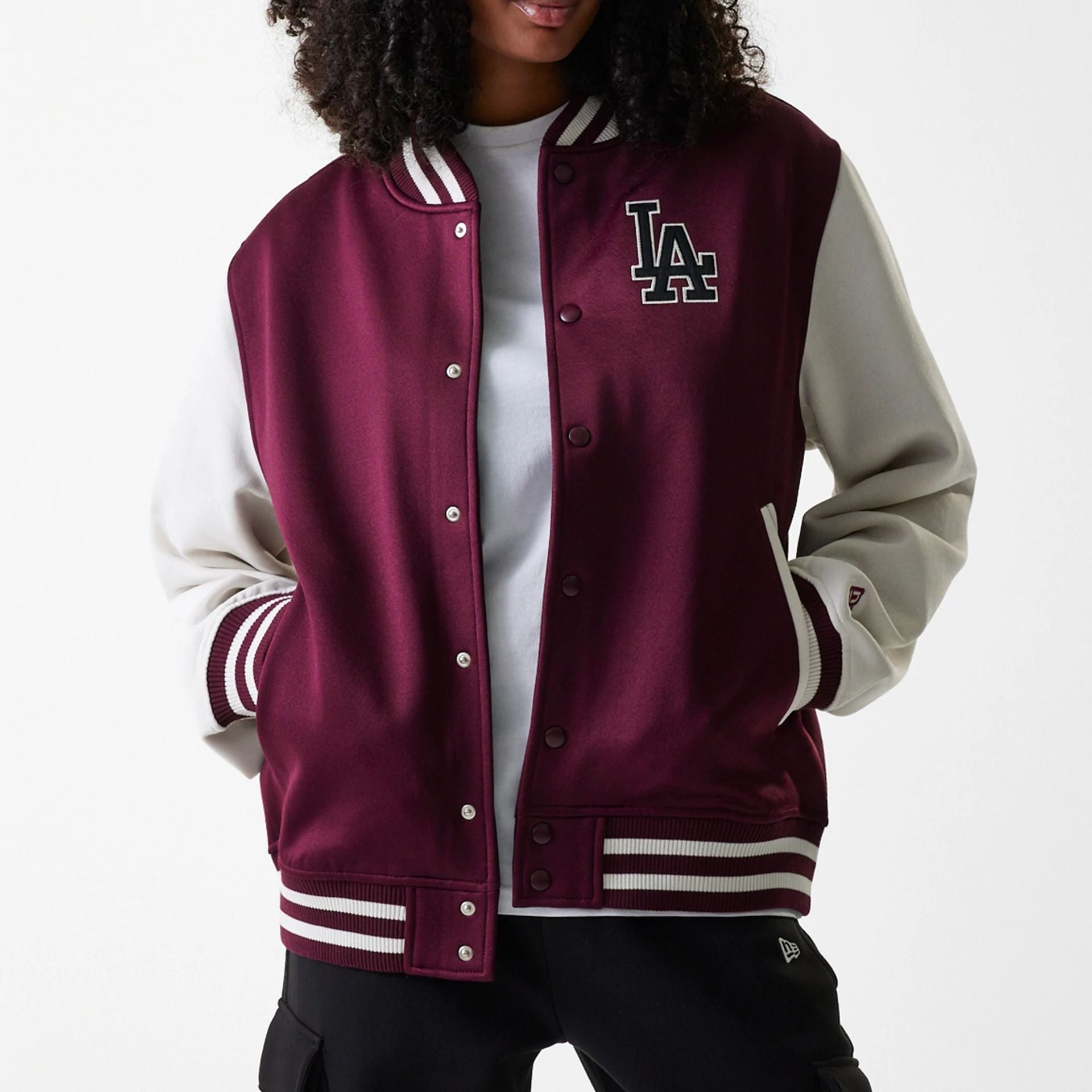 The Male model is wearing LA Dodgers MLB Dark Red Bomber Jacket 5