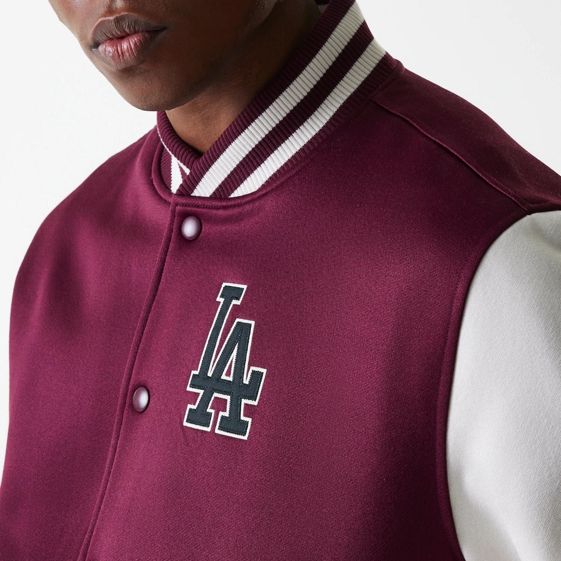 The Male model is wearing LA Dodgers MLB Dark Red Bomber Jacket 8