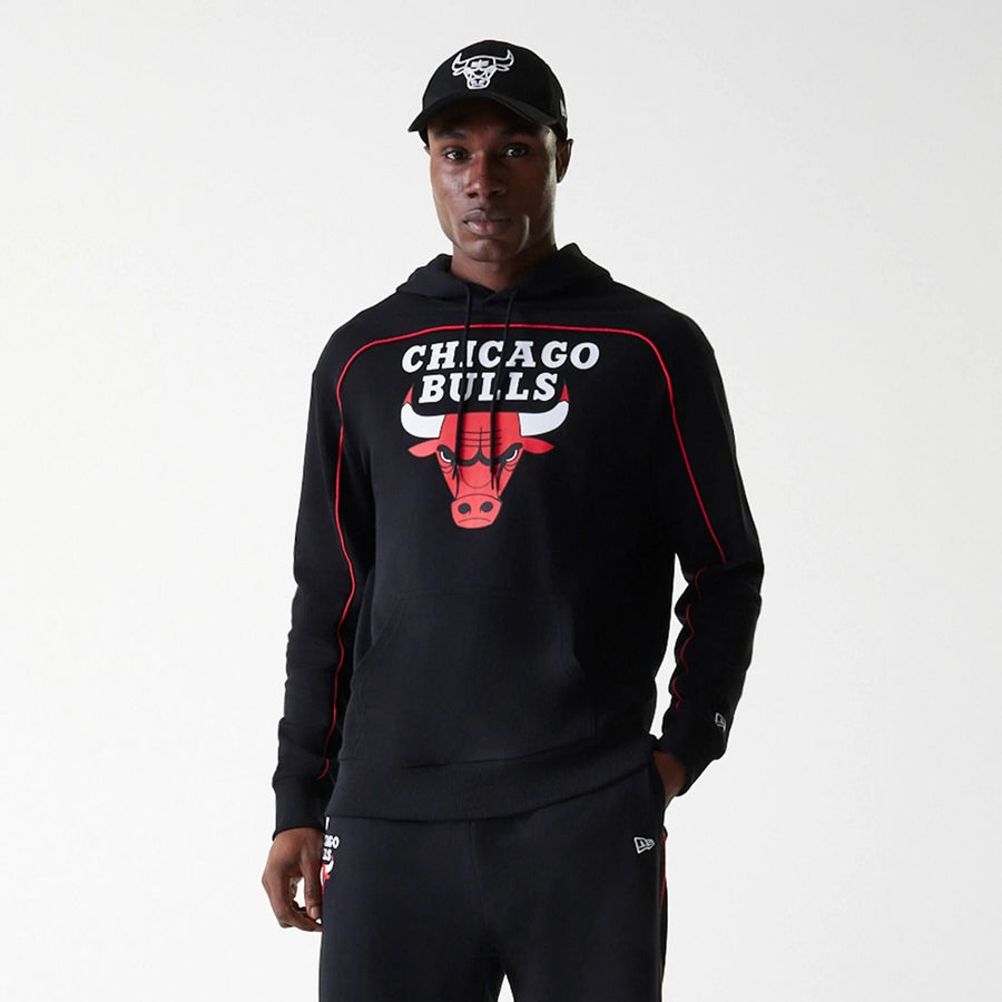 The Male model is wearing Chicago Bulls NBA Piping Black Oversized Pullover Hoodie 7
