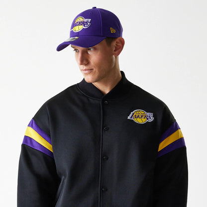 The Male model is wearing LA Lakers NBA Panel Black Bomber Jacket 2
