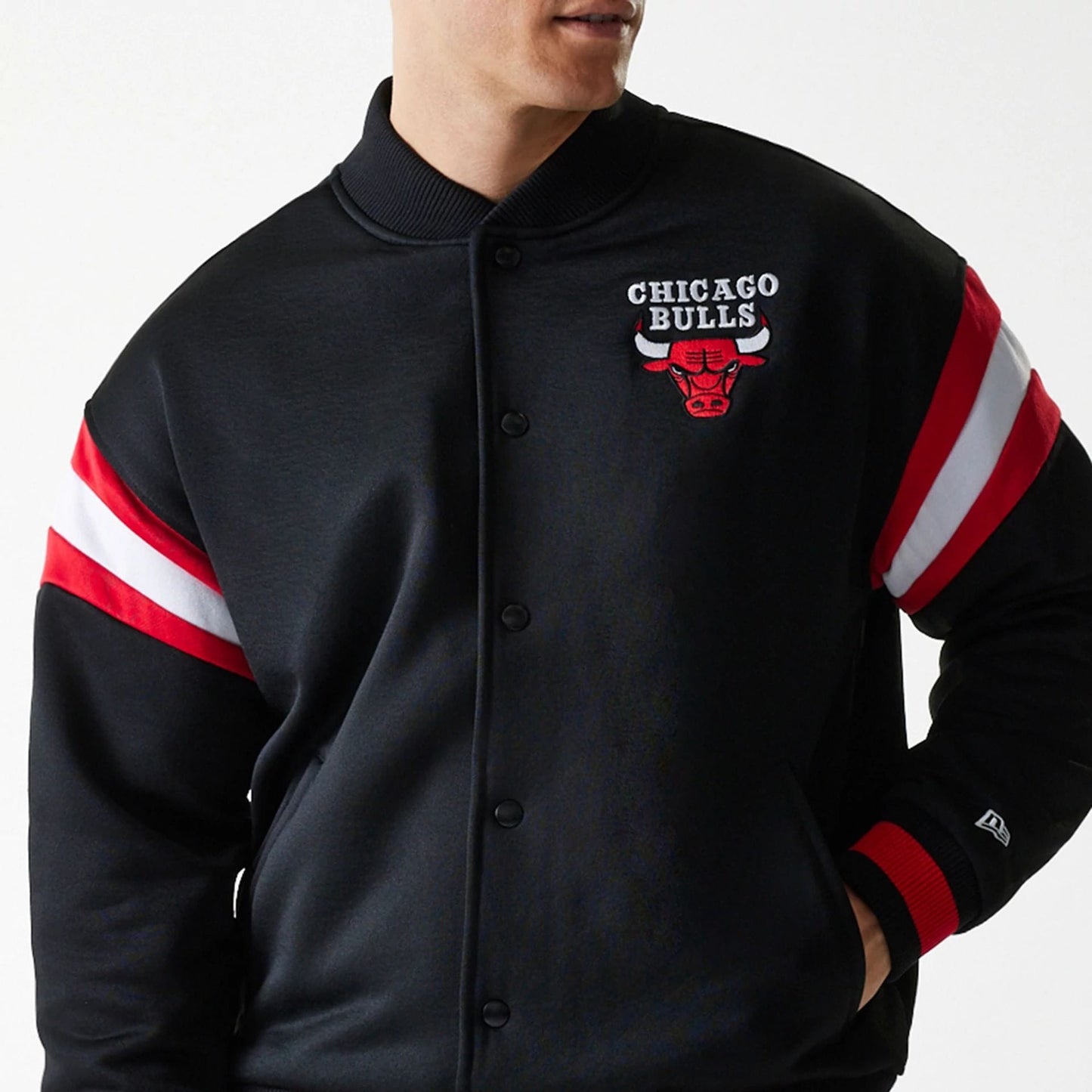 The Male model is wearing Chicago Bulls NBA Panel Black Bomber Jacket 3