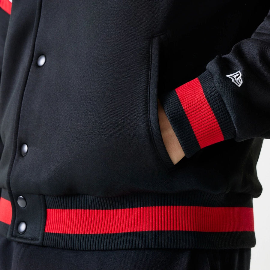 The Male model is wearing Chicago Bulls NBA Panel Black Bomber Jacket 5