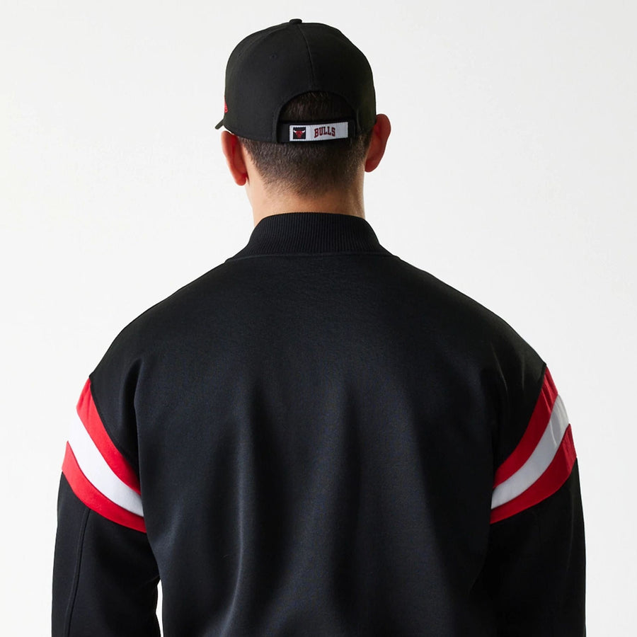 The Male model is wearing Chicago Bulls NBA Panel Black Bomber Jacket 7