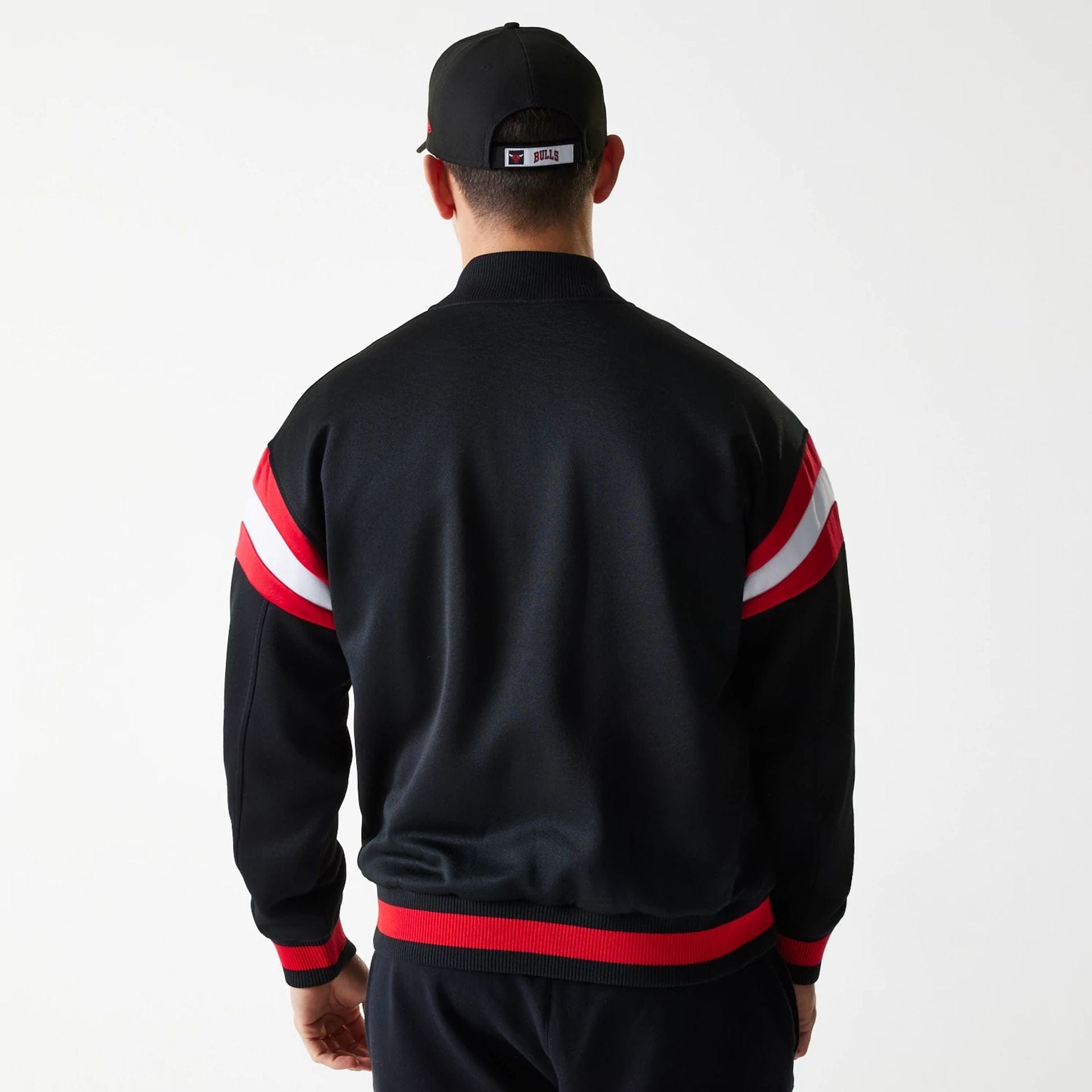 The Male model is wearing Chicago Bulls NBA Panel Black Bomber Jacket 2