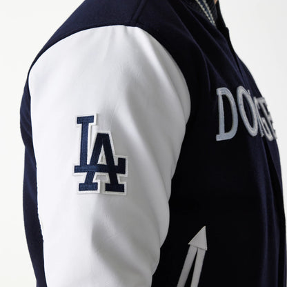 The Male model is wearing LA Dodgers MLB Wordmark Navy Varsity Jacket 4