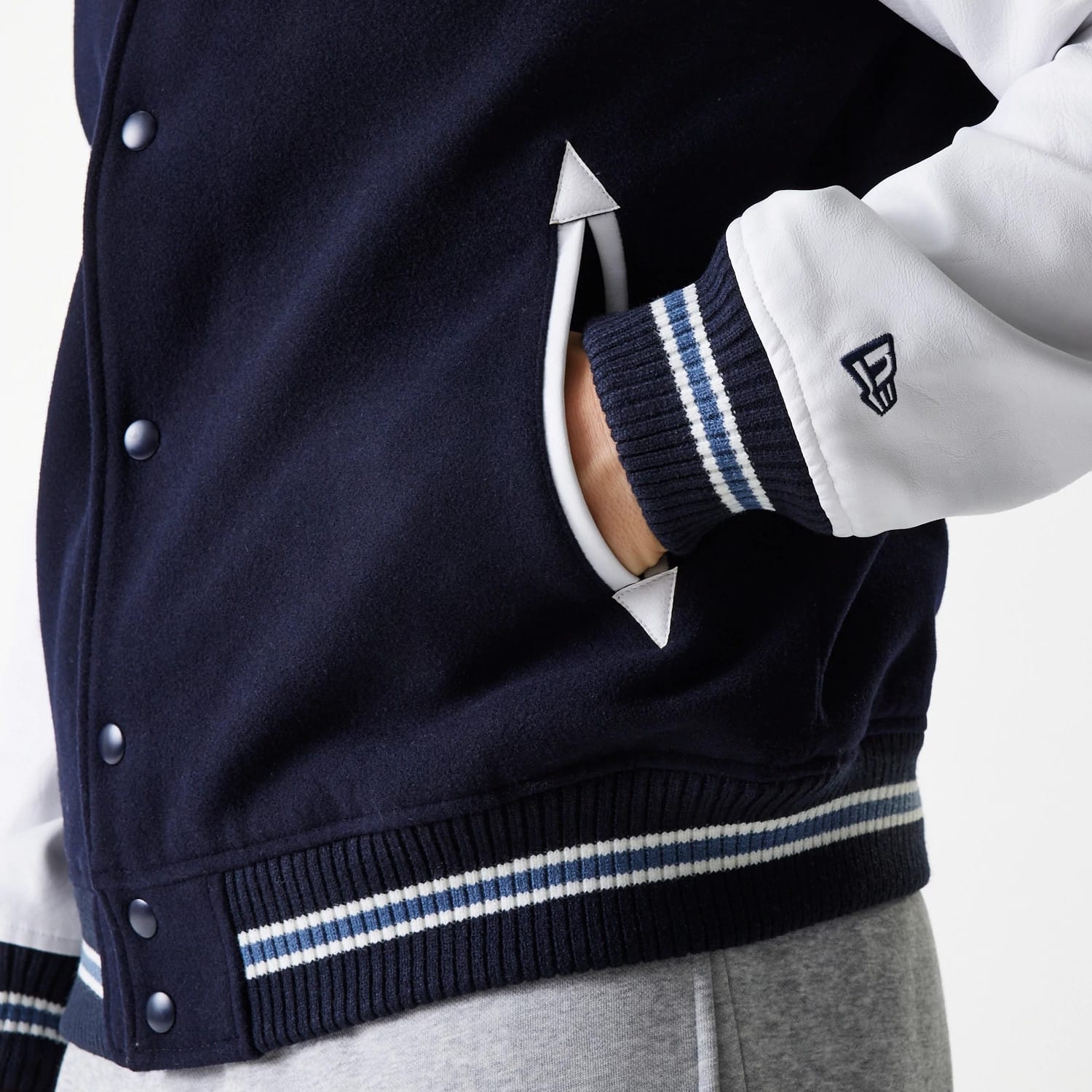 The Male model is wearing LA Dodgers MLB Wordmark Navy Varsity Jacket 5