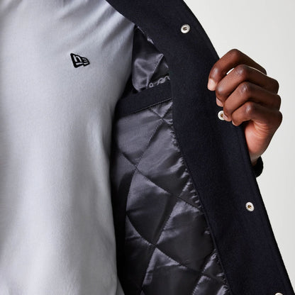 The Male model is wearing New York Yankees MLB Wordmark Black Varsity Jacket 6