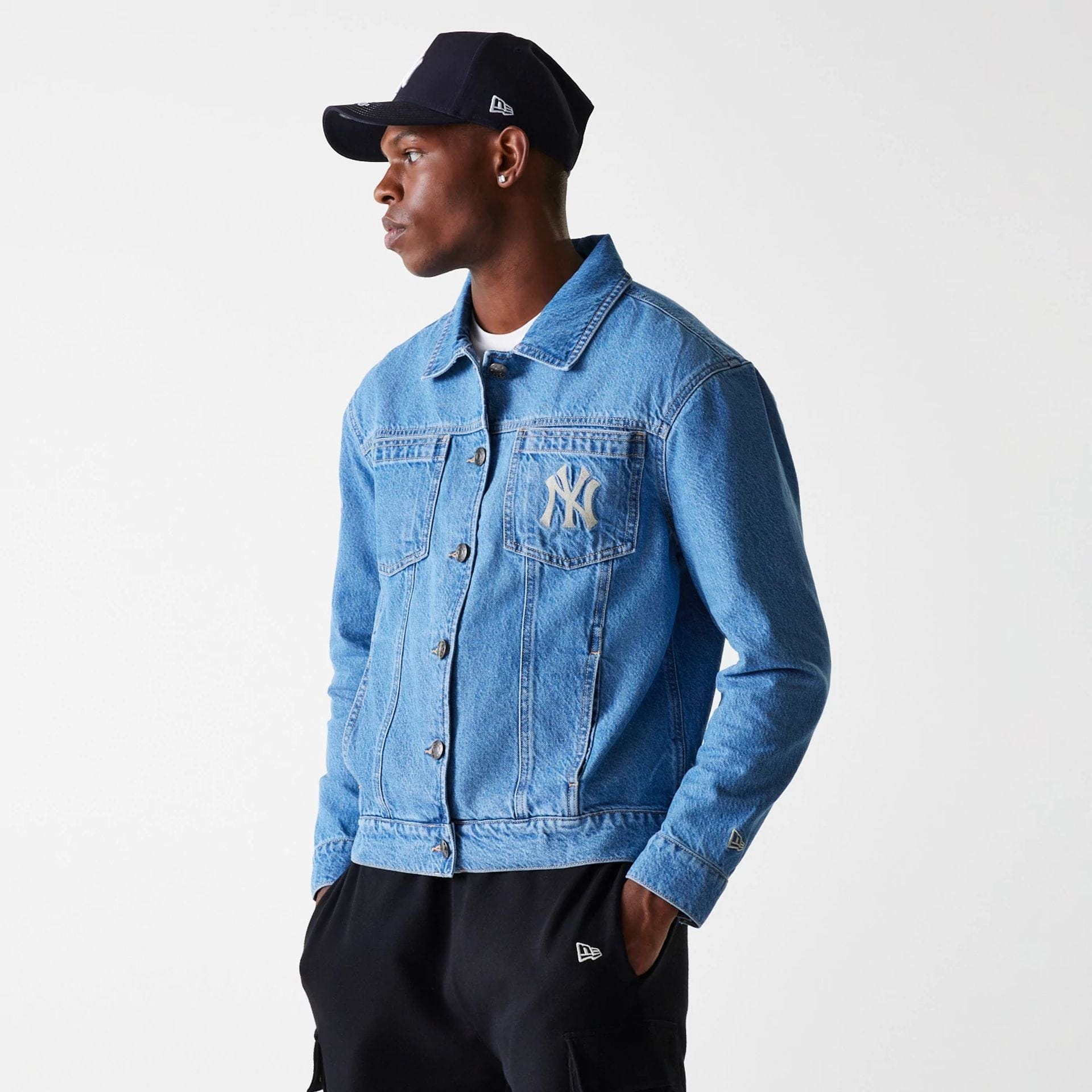 The Male model is wearing New York Yankees MLB Denim Dark Blue Denim Jacket 2