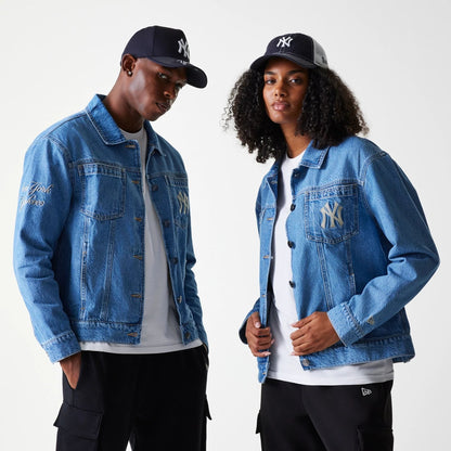 The Male model is wearing New York Yankees MLB Denim Dark Blue Denim Jacket 1