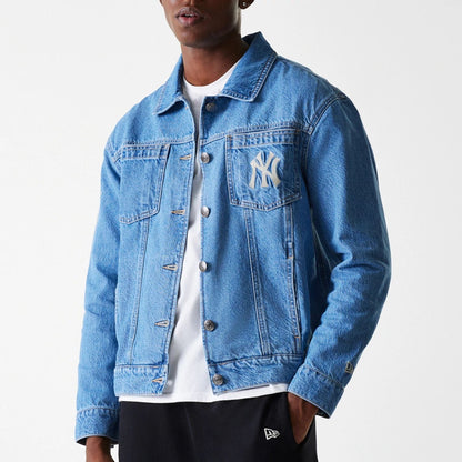 The Male model is wearing New York Yankees MLB Denim Dark Blue Denim Jacket 5
