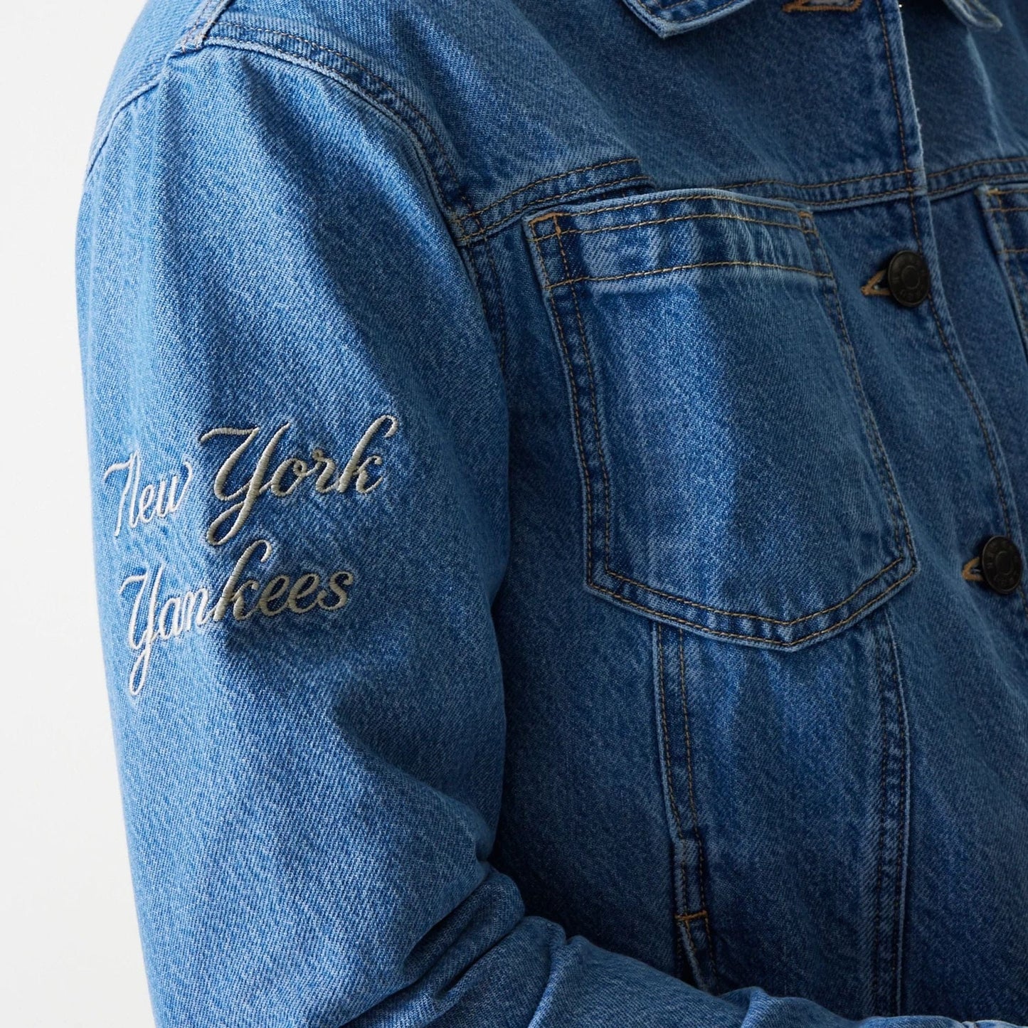 The Male model is wearing New York Yankees MLB Denim Dark Blue Denim Jacket 6