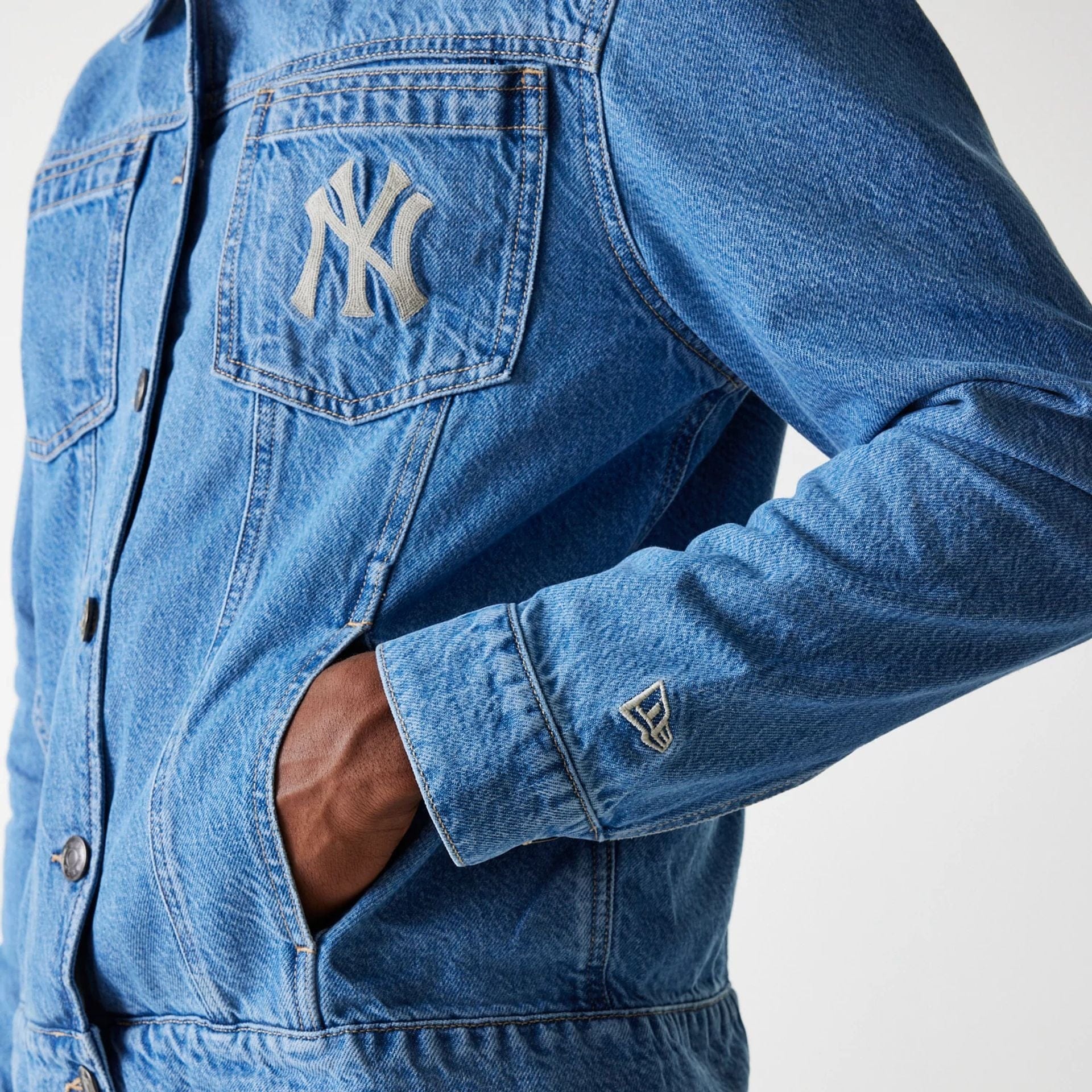 The Male model is wearing New York Yankees MLB Denim Dark Blue Denim Jacket 7