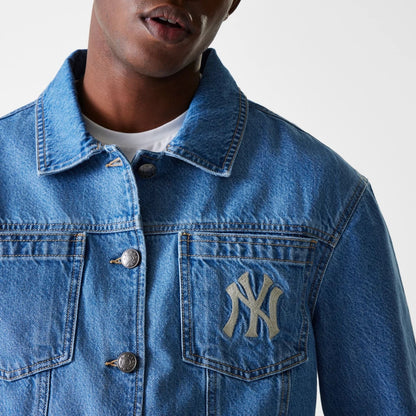 The Male model is wearing New York Yankees MLB Denim Dark Blue Denim Jacket 8