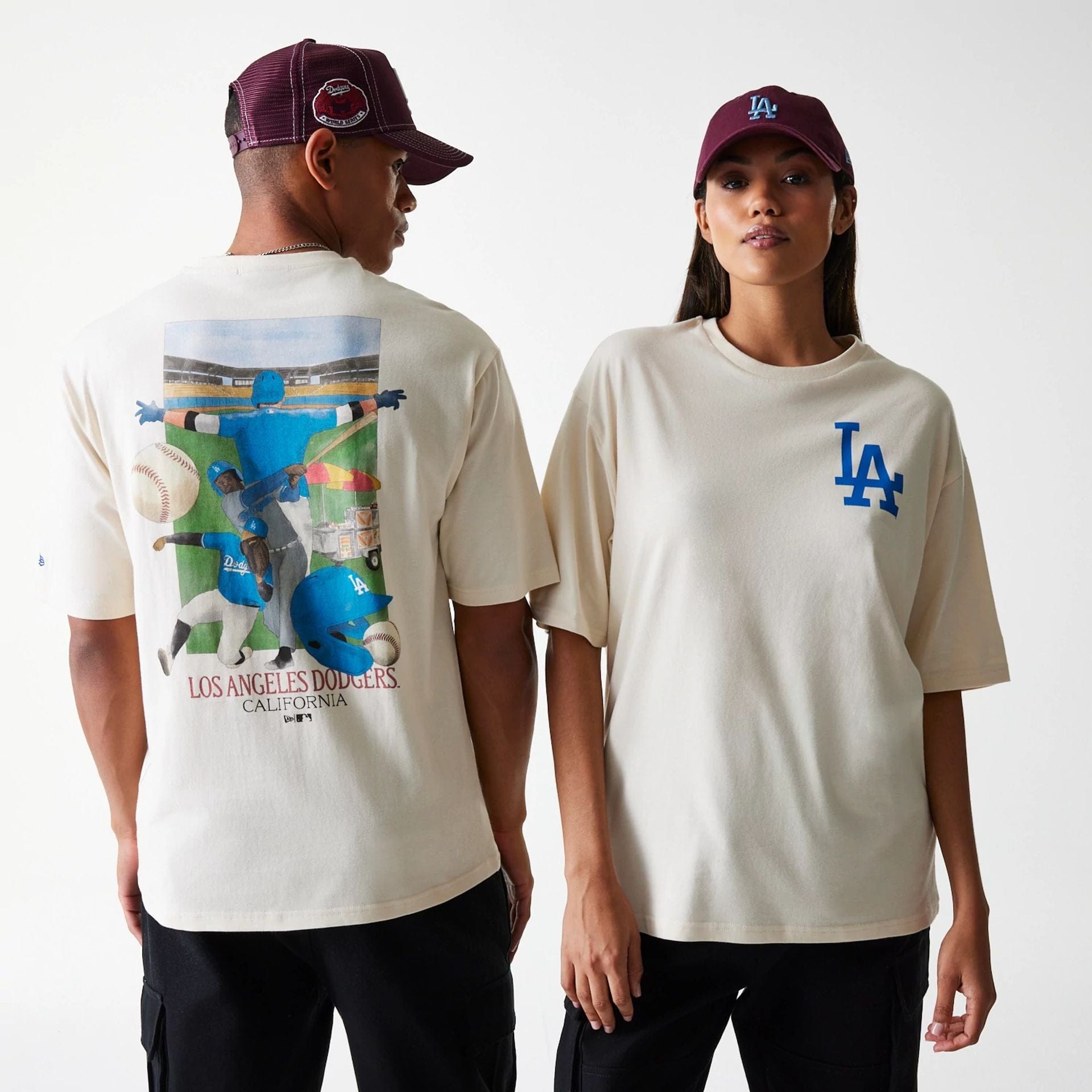 The Male model is wearing LA Dodgers MLB Baseball Graphic Light Beige Oversized T-Shirt 1
