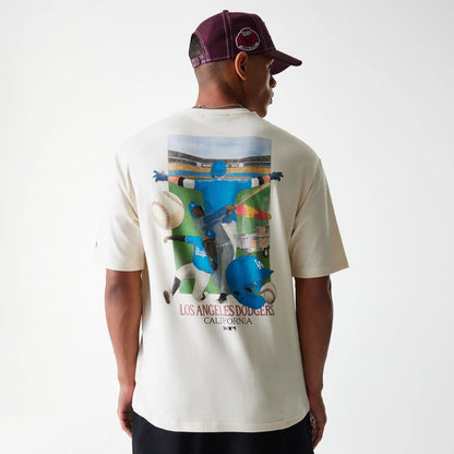 The Male model is wearing LA Dodgers MLB Baseball Graphic Light Beige Oversized T-Shirt 2