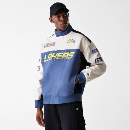 The Male model is wearing LA Lakers NBA Motorsport Dark Blue Motorsports Jacket 3