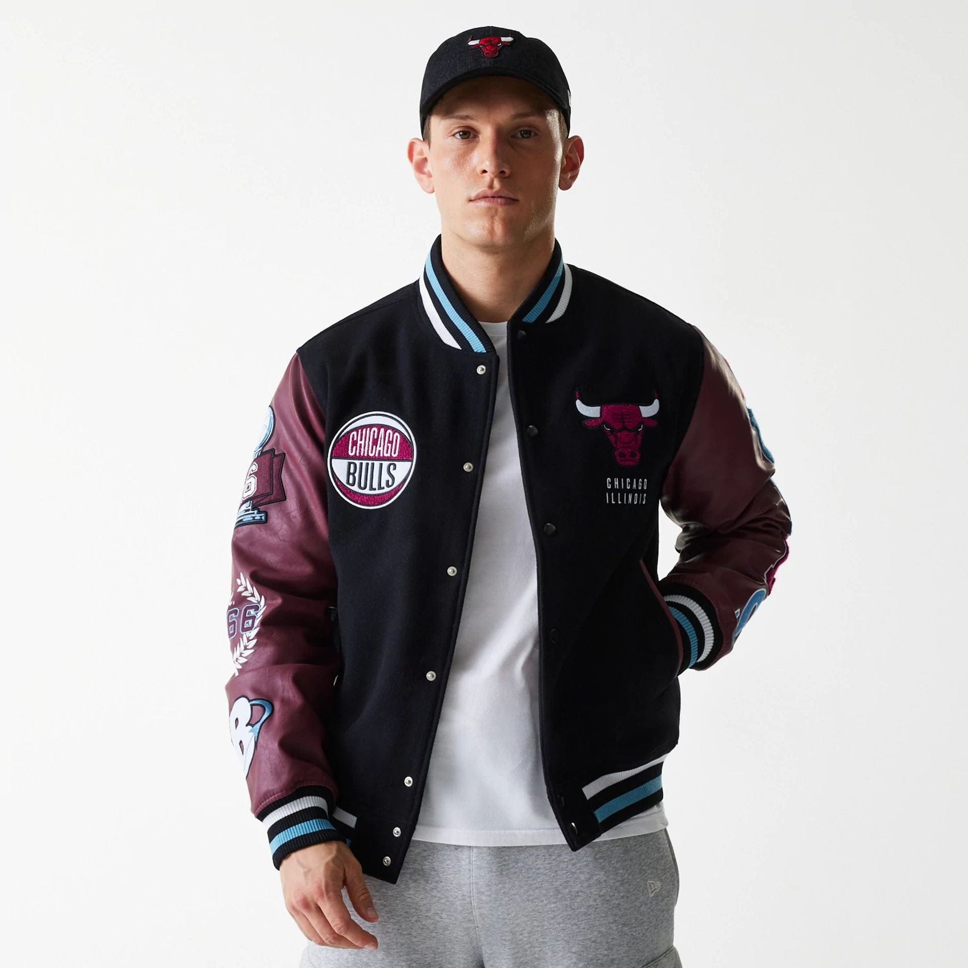 The Male model is wearing Chicago Bulls NBA Patch Black Varsity Jacket 3