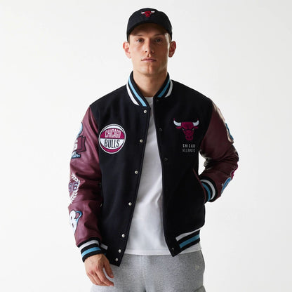 The Male model is wearing Chicago Bulls NBA Patch Black Varsity Jacket 3