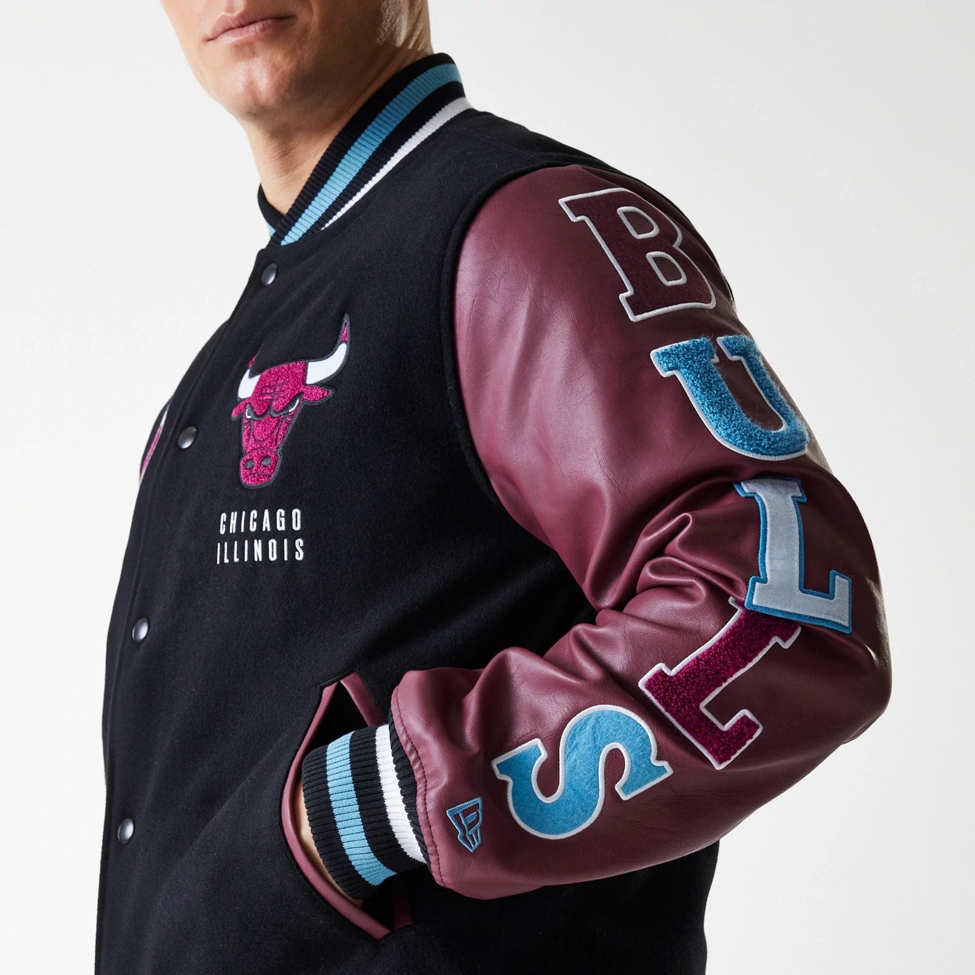 The Male model is wearing Chicago Bulls NBA Patch Black Varsity Jacket 5