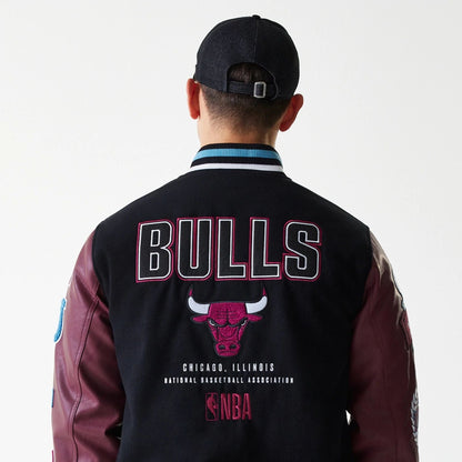 The Male model is wearing Chicago Bulls NBA Patch Black Varsity Jacket 7