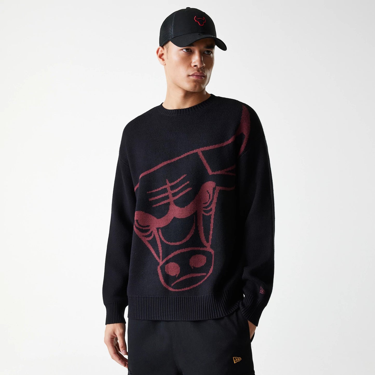 The Male model is wearing Chicago Bulls NBA Knit Black Oversized Knit Sweater 3