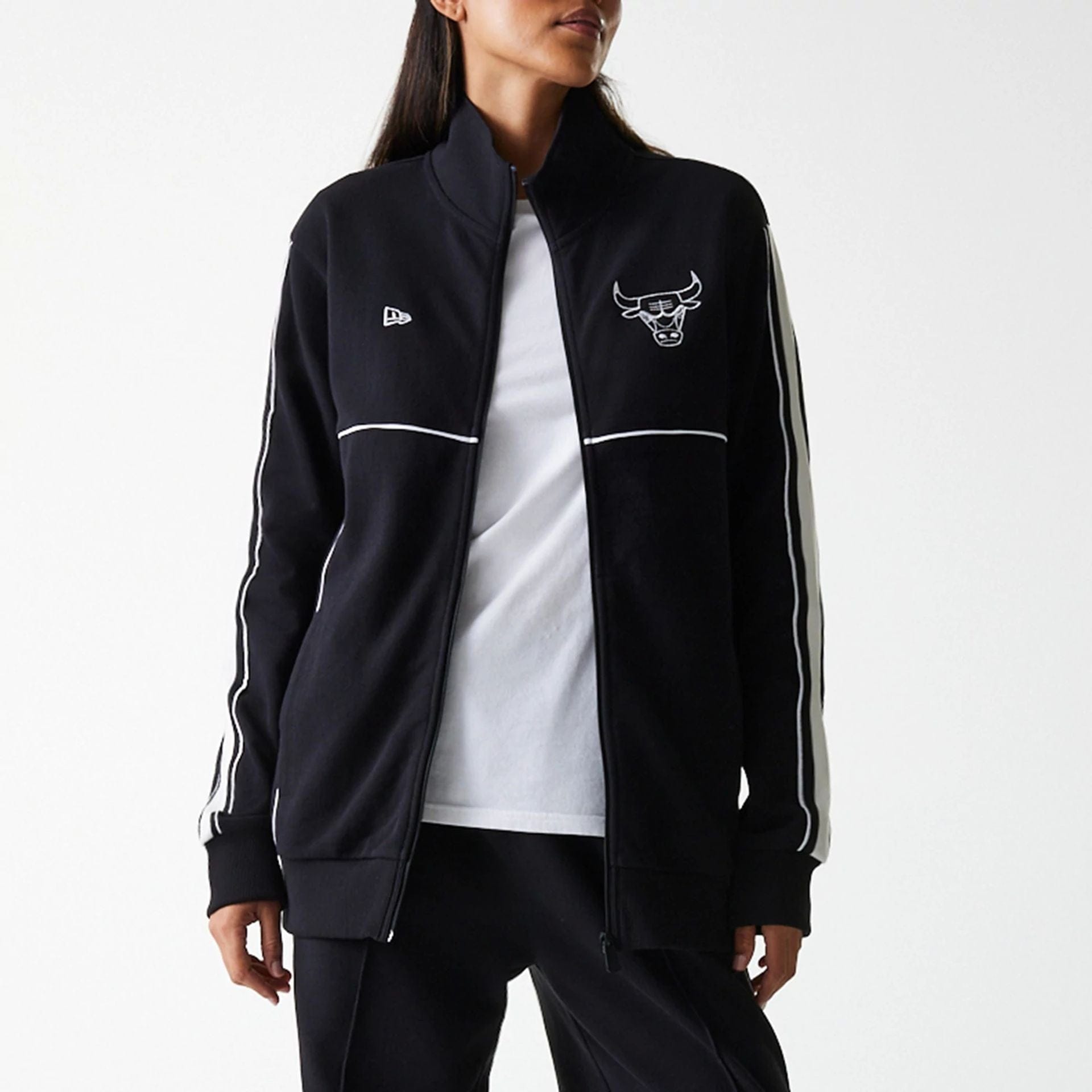 The Male model is wearing Chicago Bulls NBA Outline Black Track Jacket 5