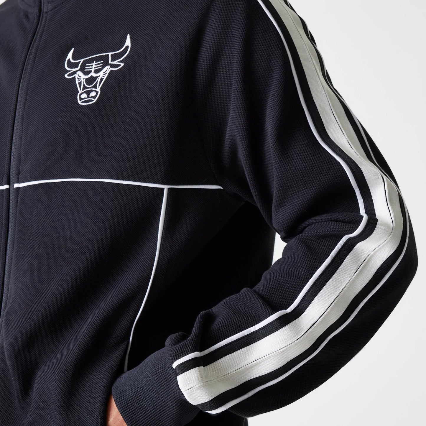 The Male model is wearing Chicago Bulls NBA Outline Black Track Jacket 6