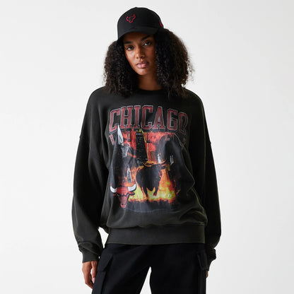 The Male model is wearing Chicago Bulls NBA Washed Graphic Grey Oversized Crew Neck Sweater 4
