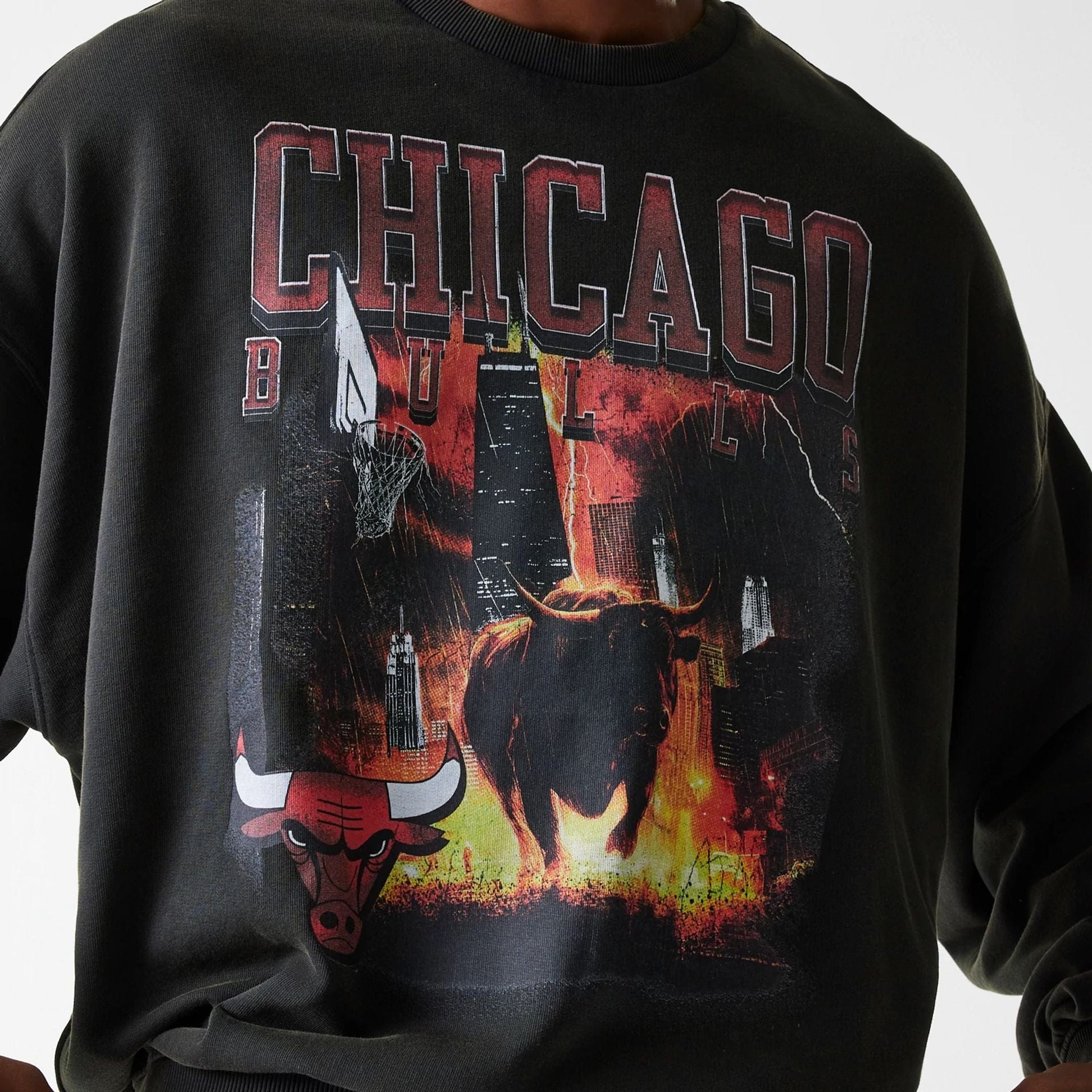 The Male model is wearing Chicago Bulls NBA Washed Graphic Grey Oversized Crew Neck Sweater 6