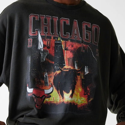 The Male model is wearing Chicago Bulls NBA Washed Graphic Grey Oversized Crew Neck Sweater 6