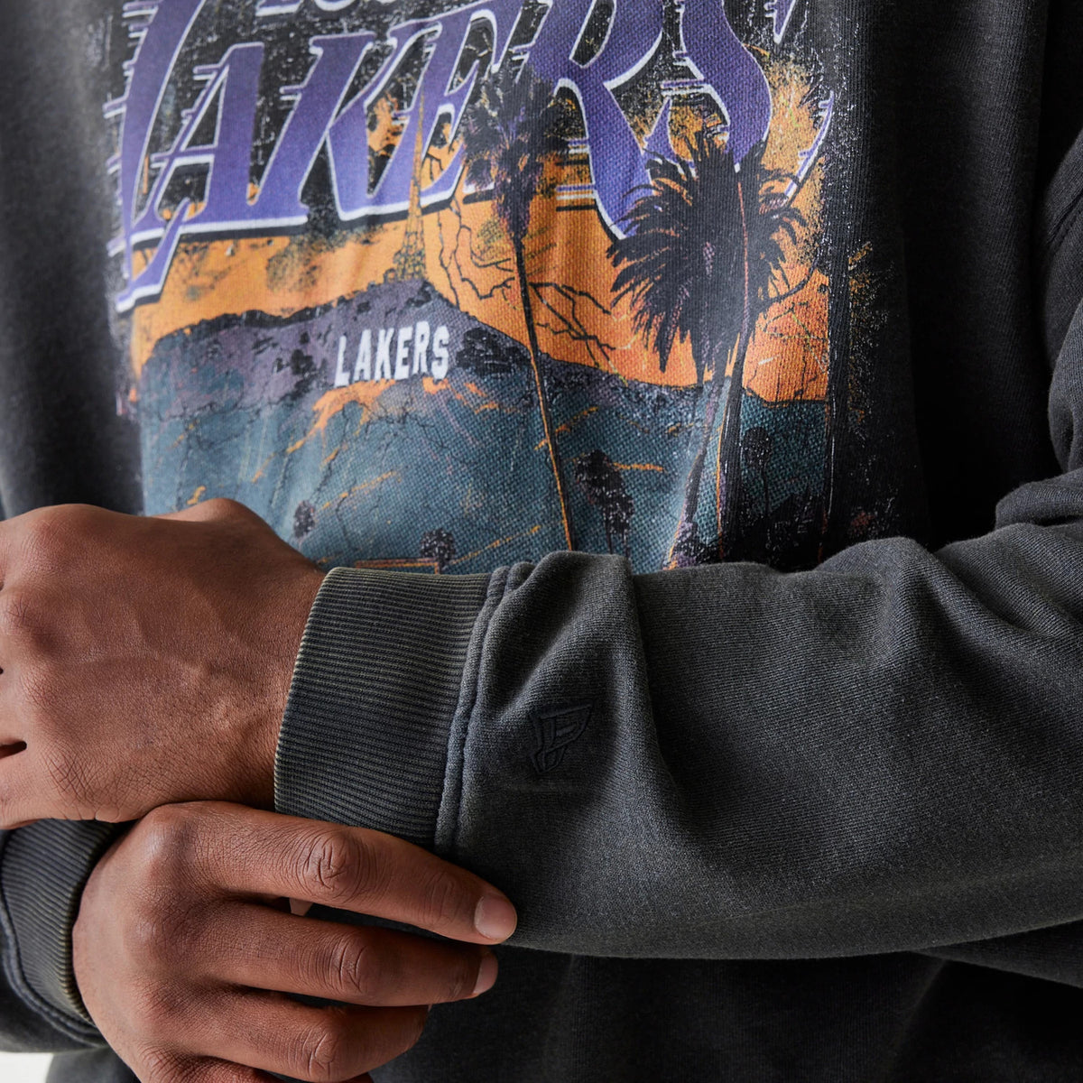 The Male model is wearing LA Lakers NBA Washed Graphic Grey Oversized Crew Neck Sweater 7