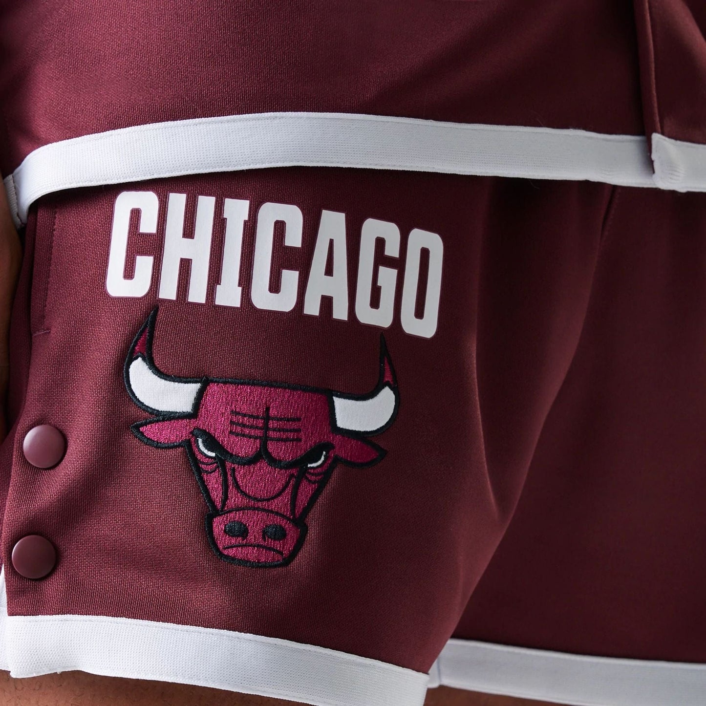 The Male model is wearing Chicago Bulls NBA Snap Button Dark Red Shorts 3