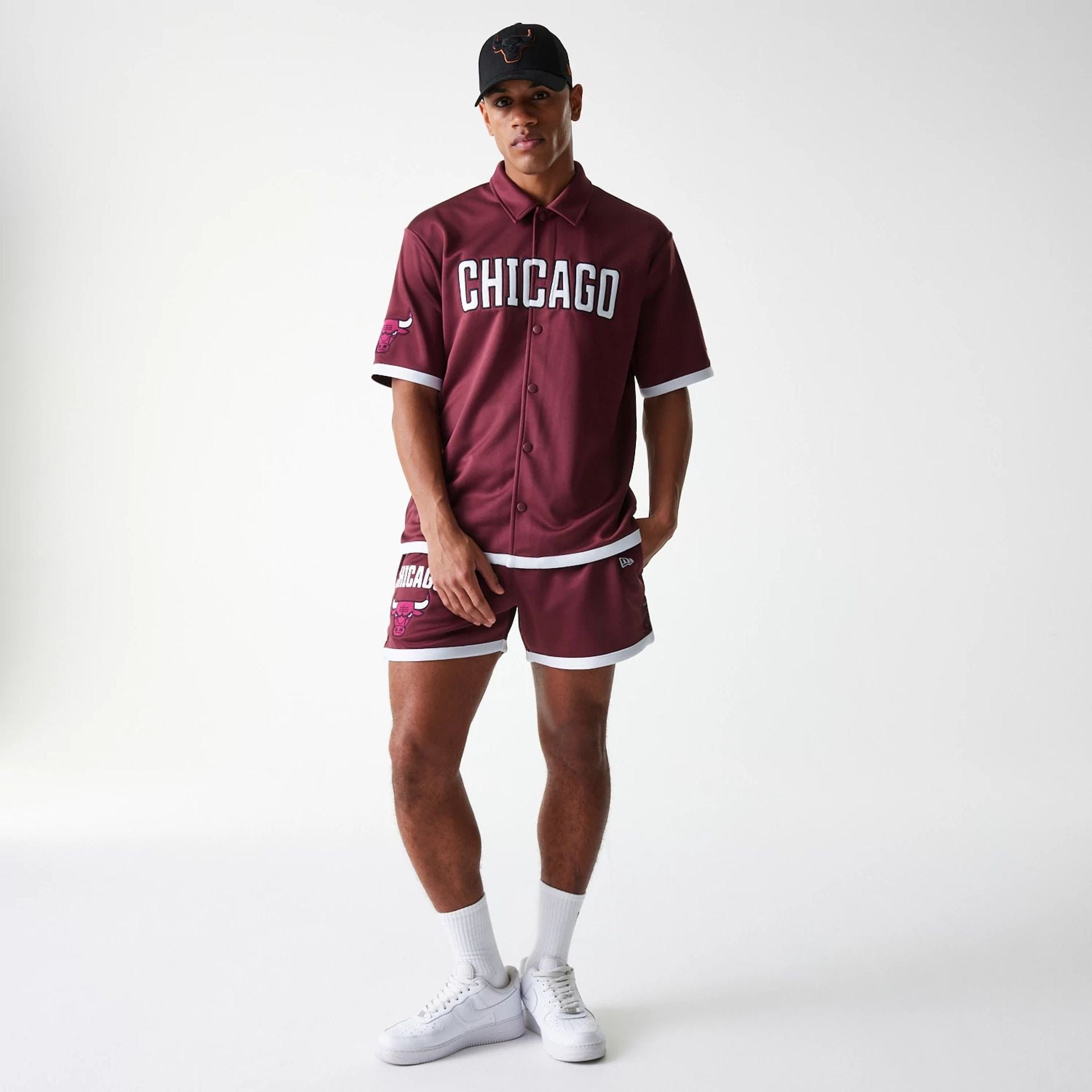 The Male model is wearing Chicago Bulls NBA Snap Button Dark Red Shorts 8