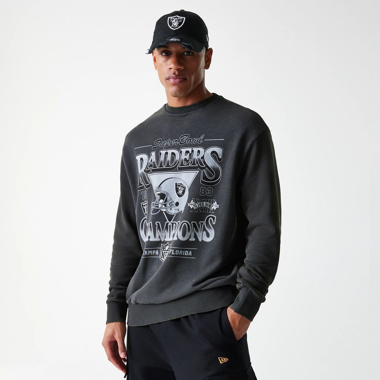 The Male model is wearing Las Vegas Raiders NFL Washed Super Bowl Grey Oversized Crew Neck Sweater 3
