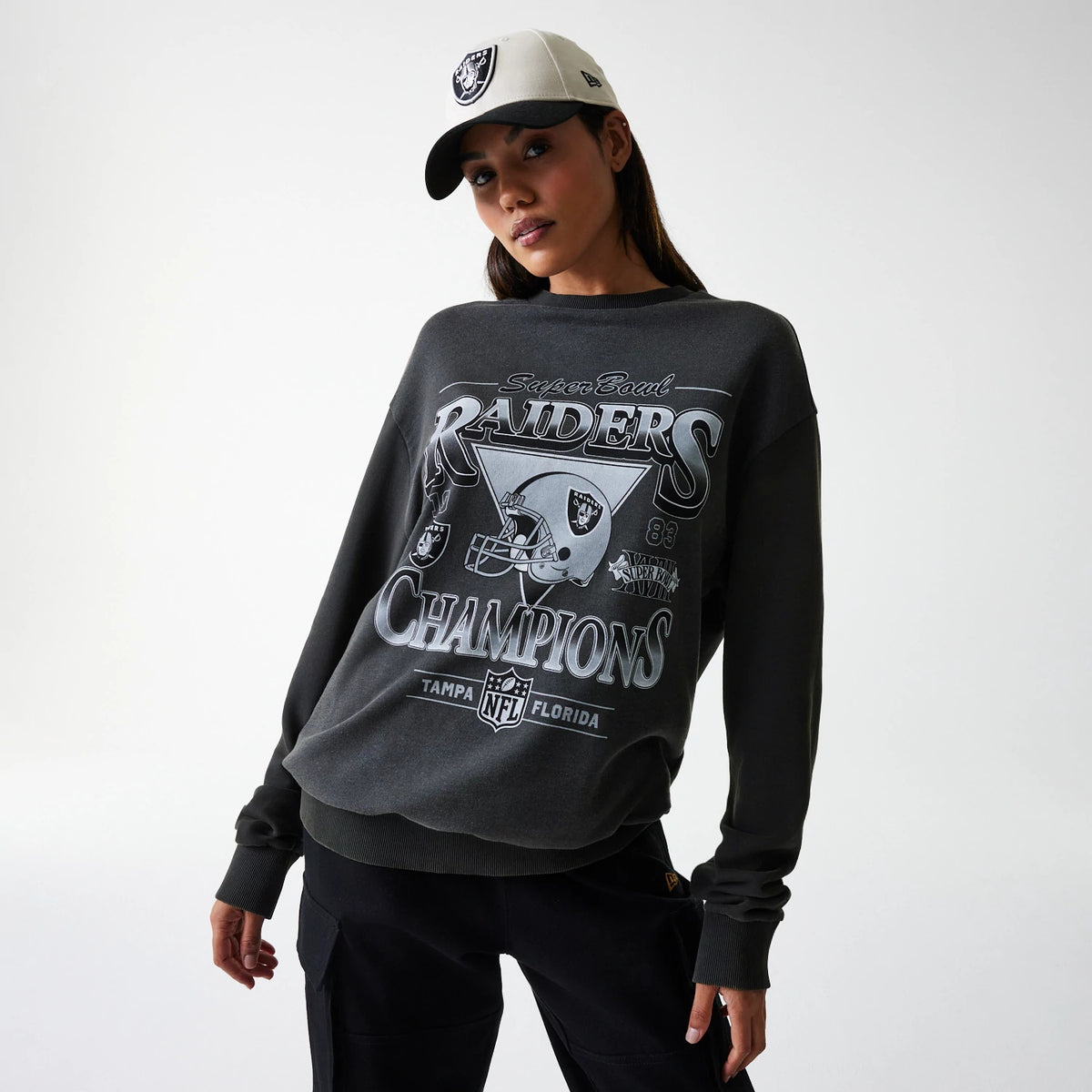 The Male model is wearing Las Vegas Raiders NFL Washed Super Bowl Grey Oversized Crew Neck Sweater 4
