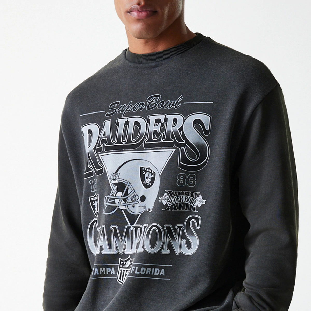 The Male model is wearing Las Vegas Raiders NFL Washed Super Bowl Grey Oversized Crew Neck Sweater 5