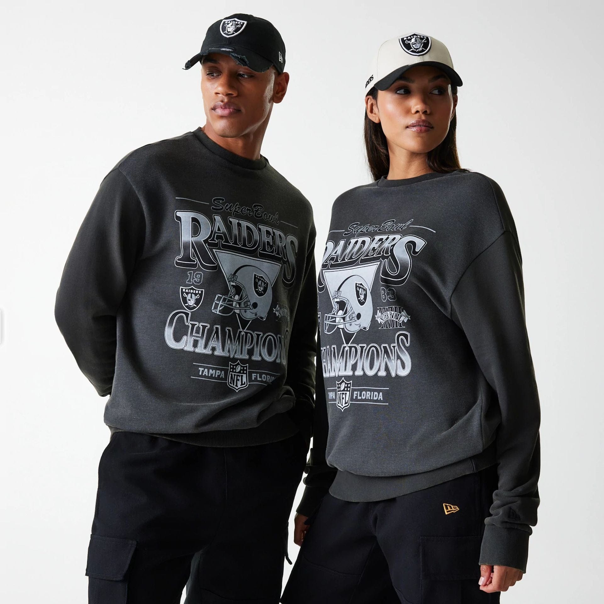 The Male model is wearing Las Vegas Raiders NFL Washed Super Bowl Grey Oversized Crew Neck Sweater 1