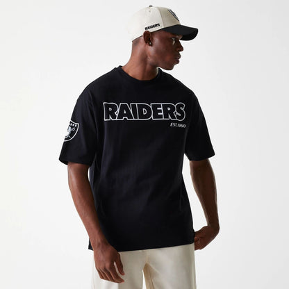 The Male model is wearing Las Vegas Raiders NFL Wordmark Black Oversized T-Shirt 1