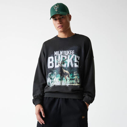 The Male model is wearing Milwaukee Bucks NBA Washed Graphic Grey Oversized Crew Neck Sweater 3
