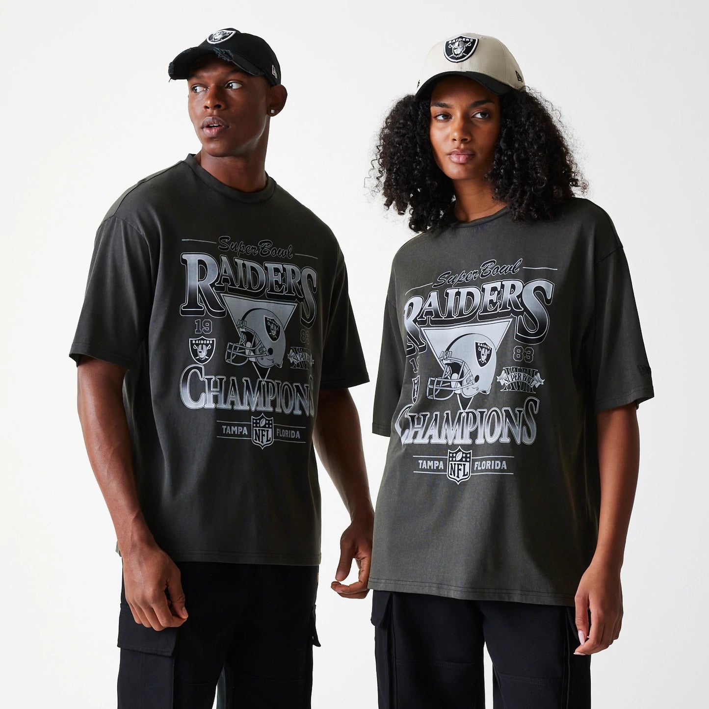 The Male model is wearing Las Vegas Raiders NFL Washed Super Bowl Grey Oversized T-Shirt 1