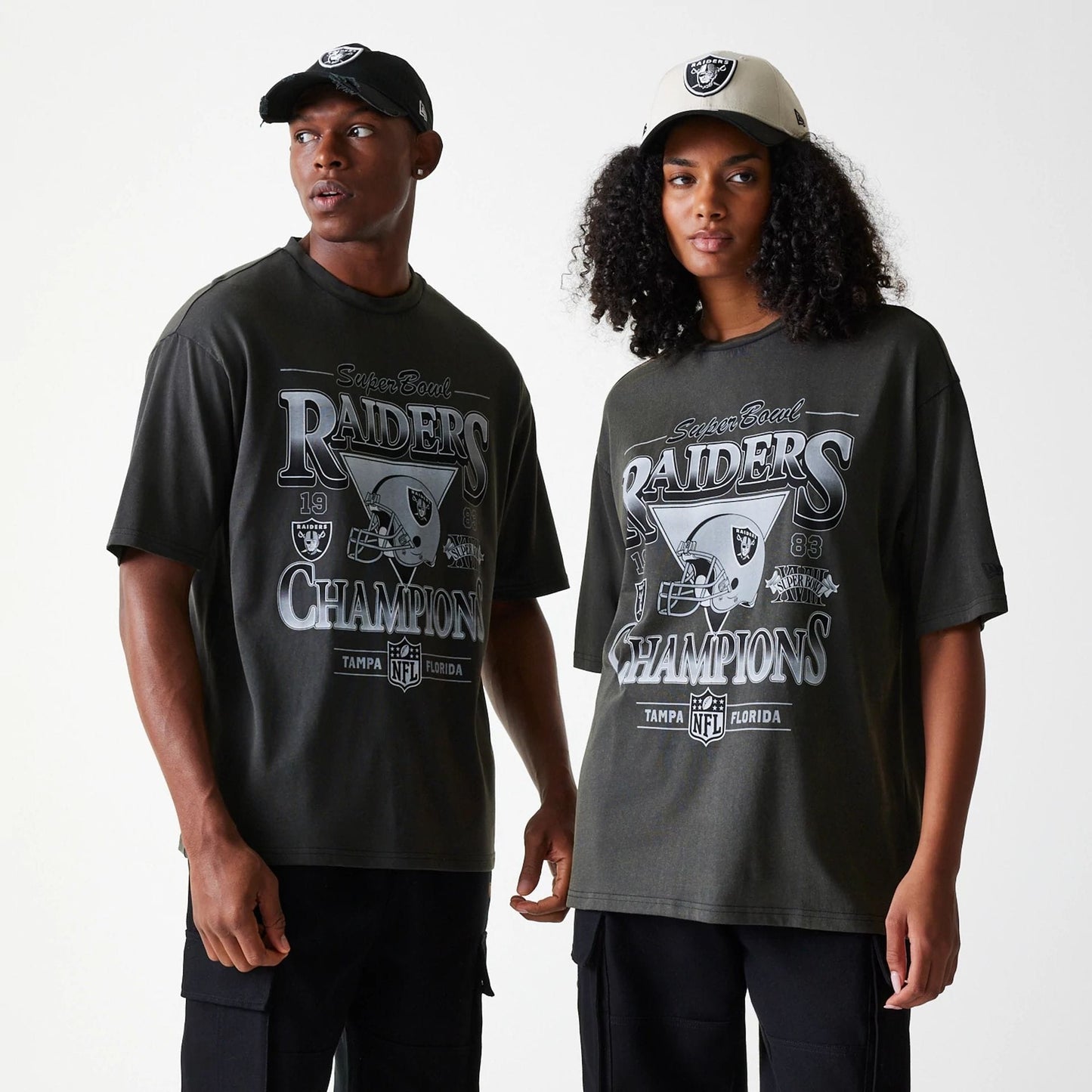 The Male model is wearing Las Vegas Raiders NFL Washed Super Bowl Grey Oversized T-Shirt 1