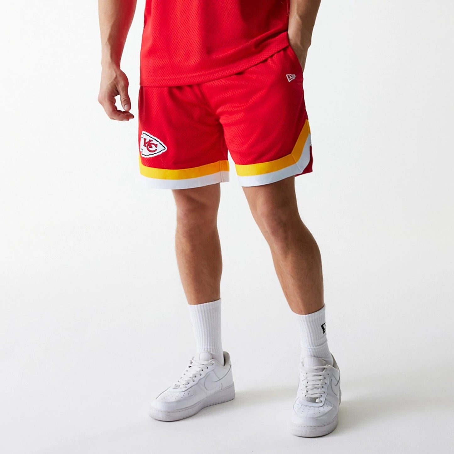 The Male model is wearing Kansas City Chiefs NFL Mesh Red Shorts 8