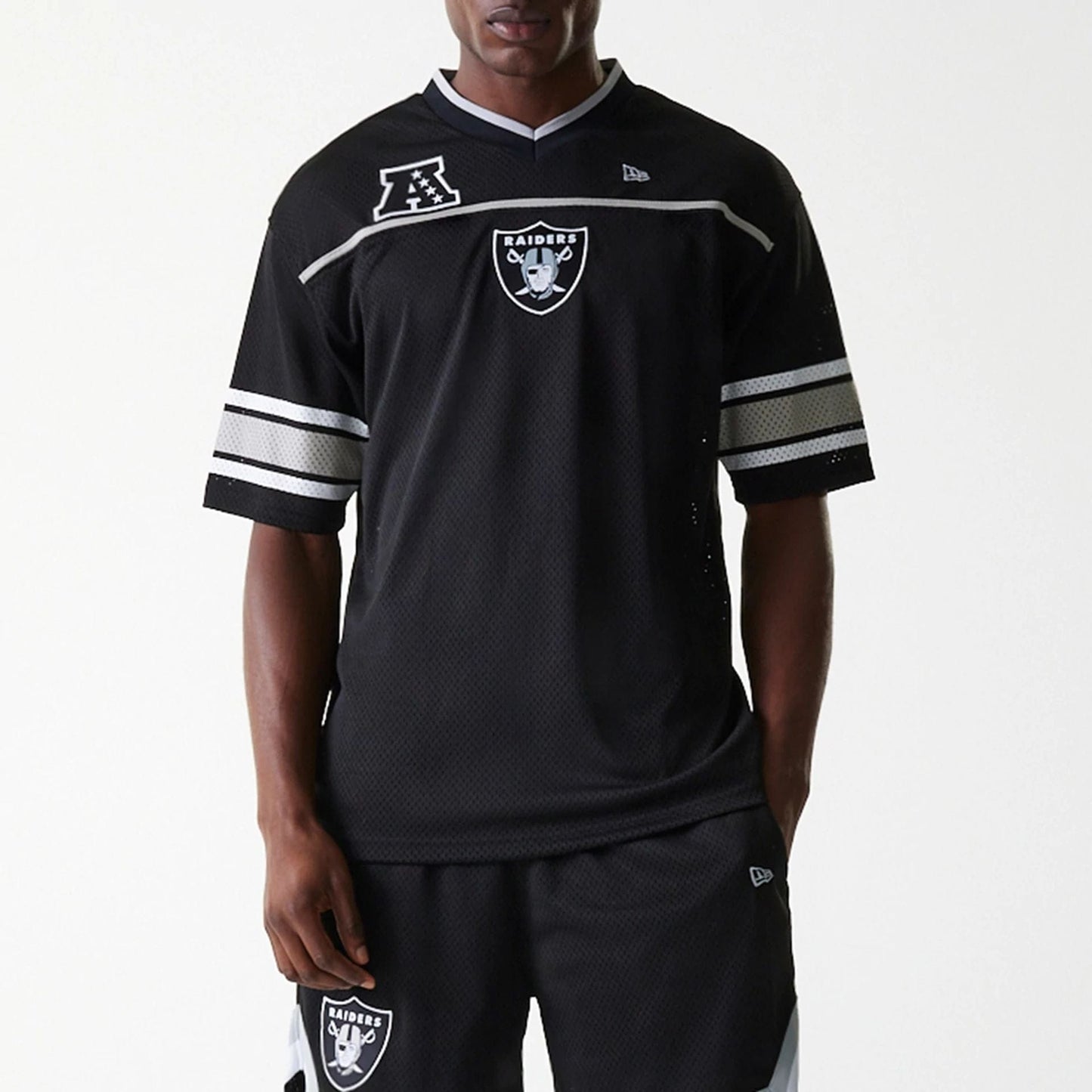The Male model is wearing Las Vegas Raiders NFL Mesh Black Jersey 3