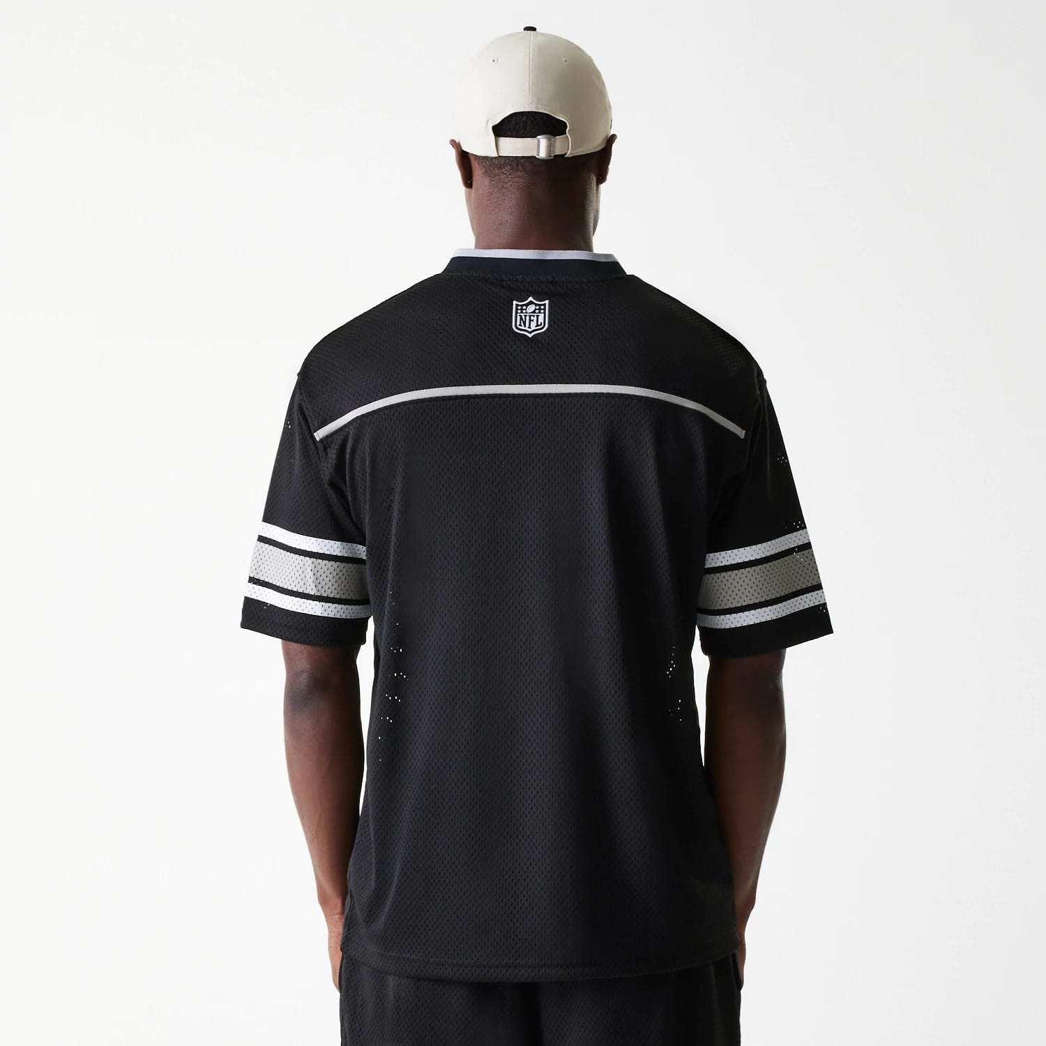 The Male model is wearing Las Vegas Raiders NFL Mesh Black Jersey 2