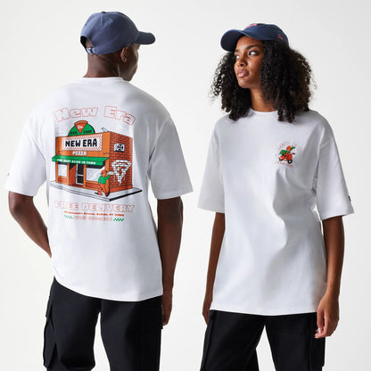 The Male model is wearing New Era Pizza Club Graphic White Oversized T-Shirt 1
