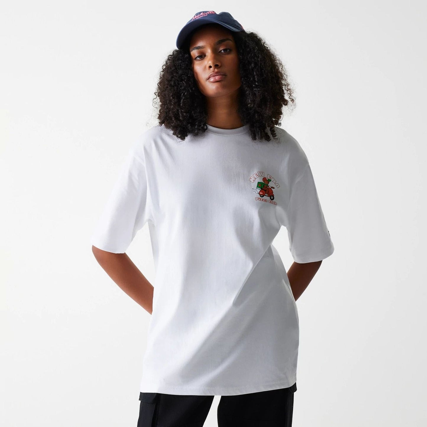 The Male model is wearing New Era Pizza Club Graphic White Oversized T-Shirt 5