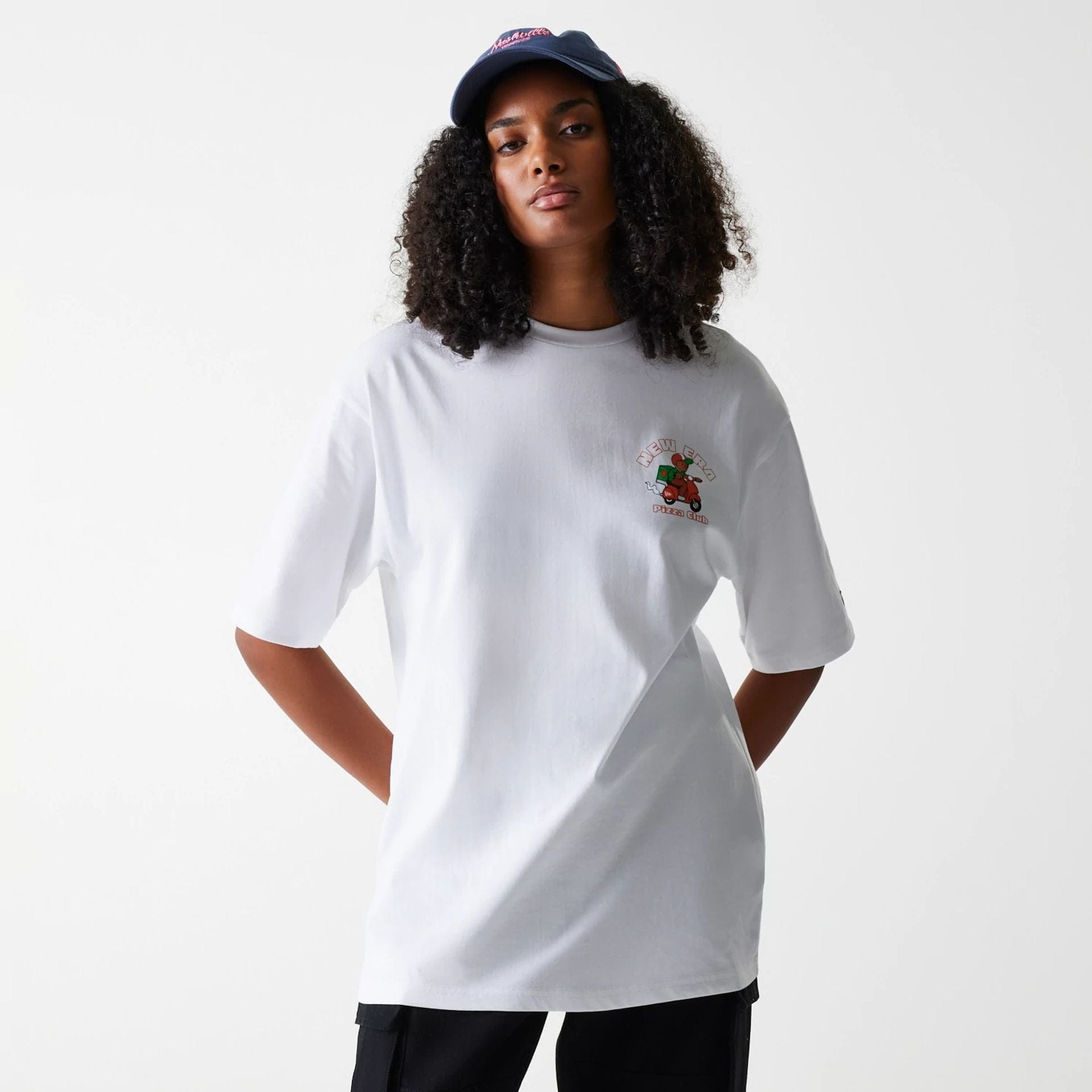 The Male model is wearing New Era Pizza Club Graphic White Oversized T-Shirt 5